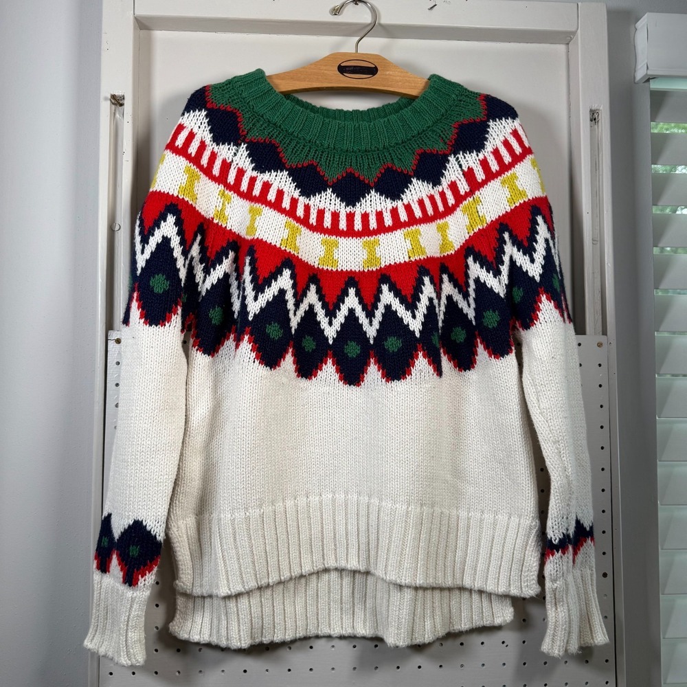 Aerie Yoke Ski Sweater Women's White Fair Isle Nordic‎ Knit Long Sleeve - XS